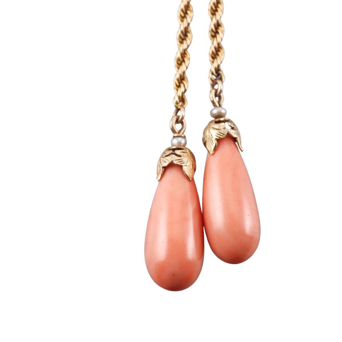 Antique Victorian 14k Gold Seed Pearl Coral Necklace