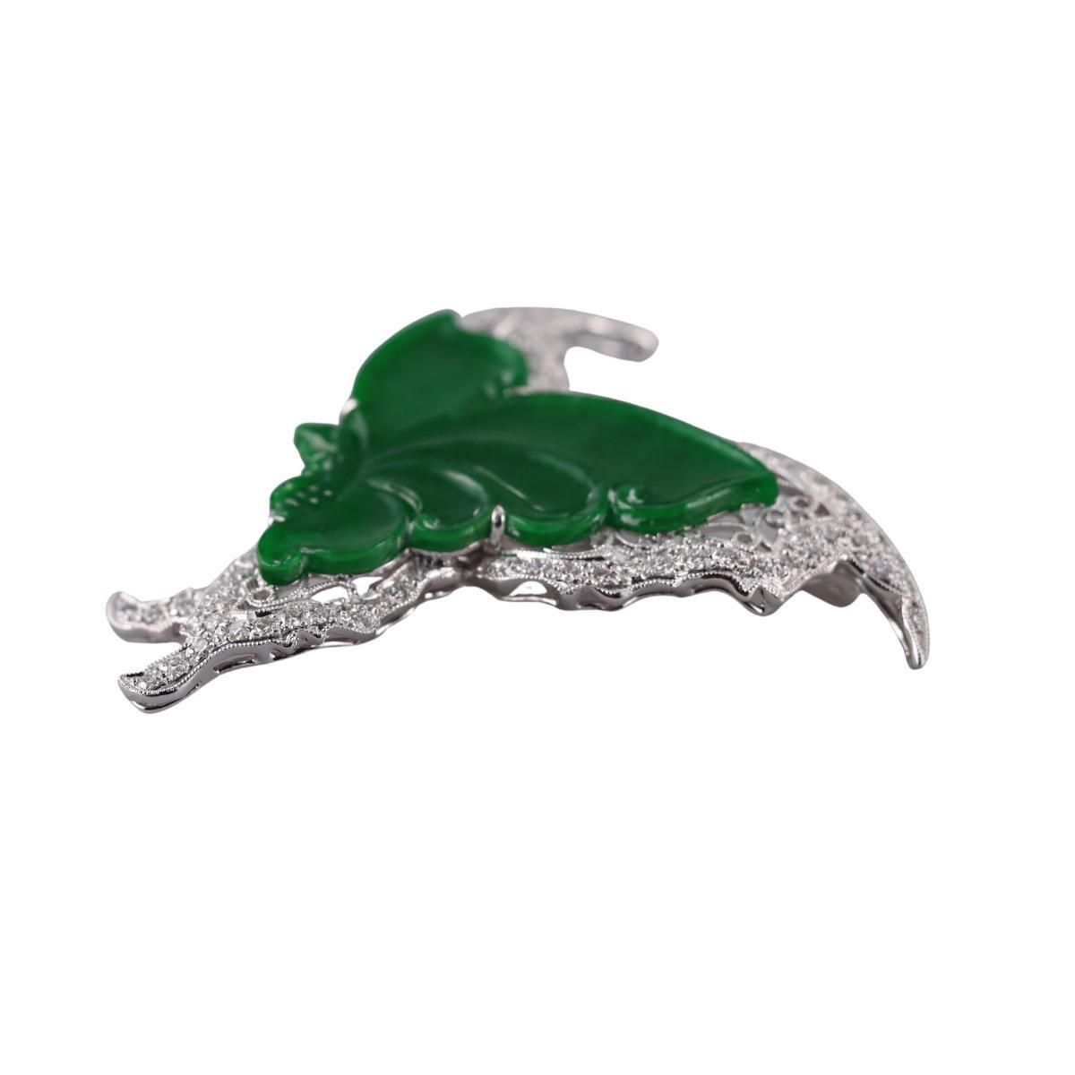 18k Gold Carved Jade Diamond Butterfly Brooch