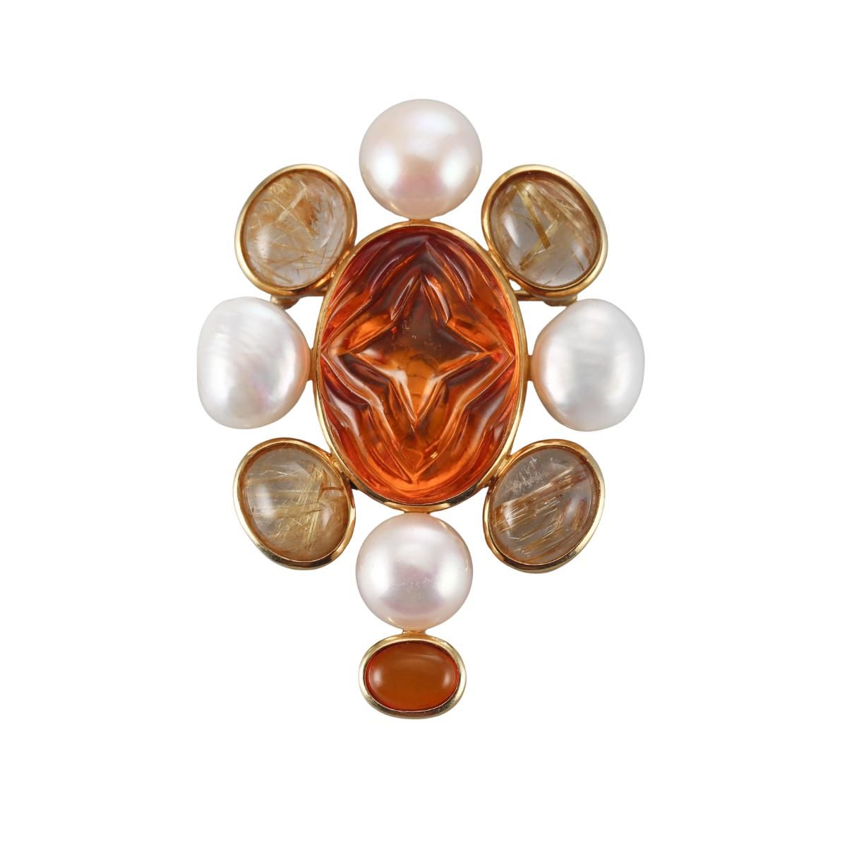 Designer Gold Carved Citrine Rutilated Quartz Pearl Brooch Pendant