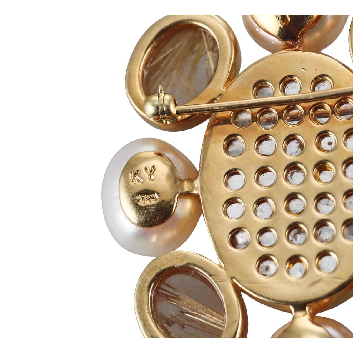 Designer Gold Carved Citrine Rutilated Quartz Pearl Brooch Pendant