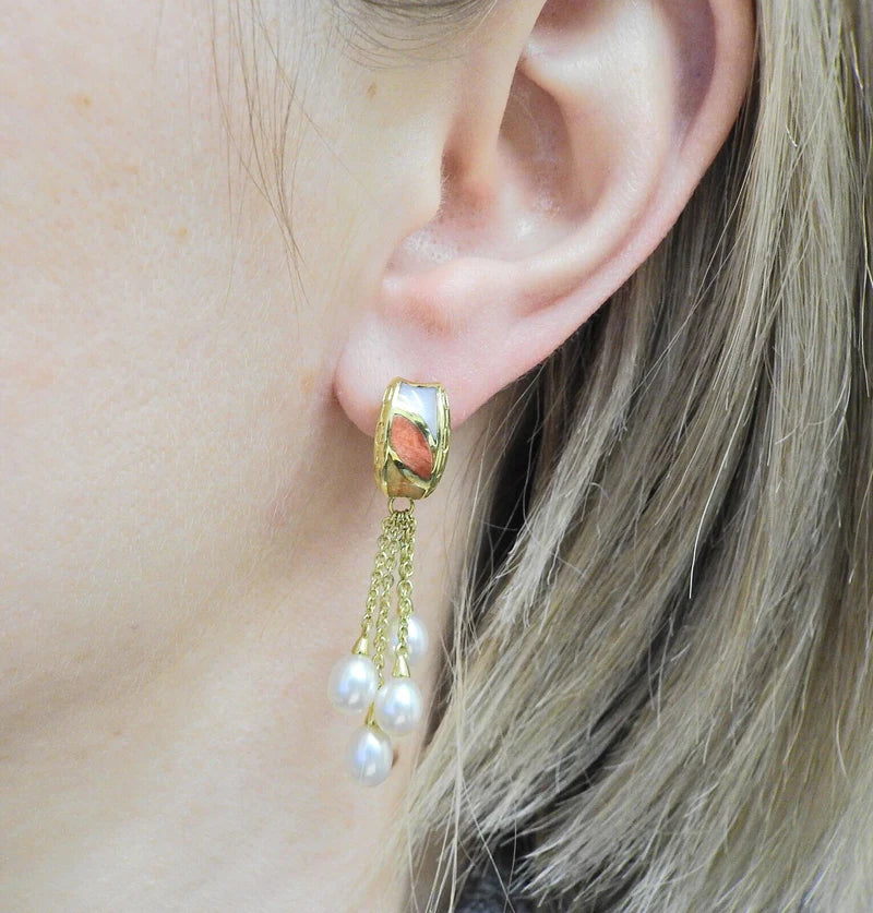 Asch Grossbardt Mop Coral Inlay Pearl Gold Drop Earrings
