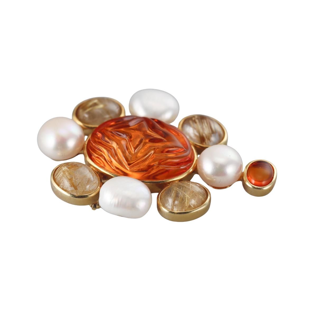 Designer Gold Carved Citrine Rutilated Quartz Pearl Brooch Pendant