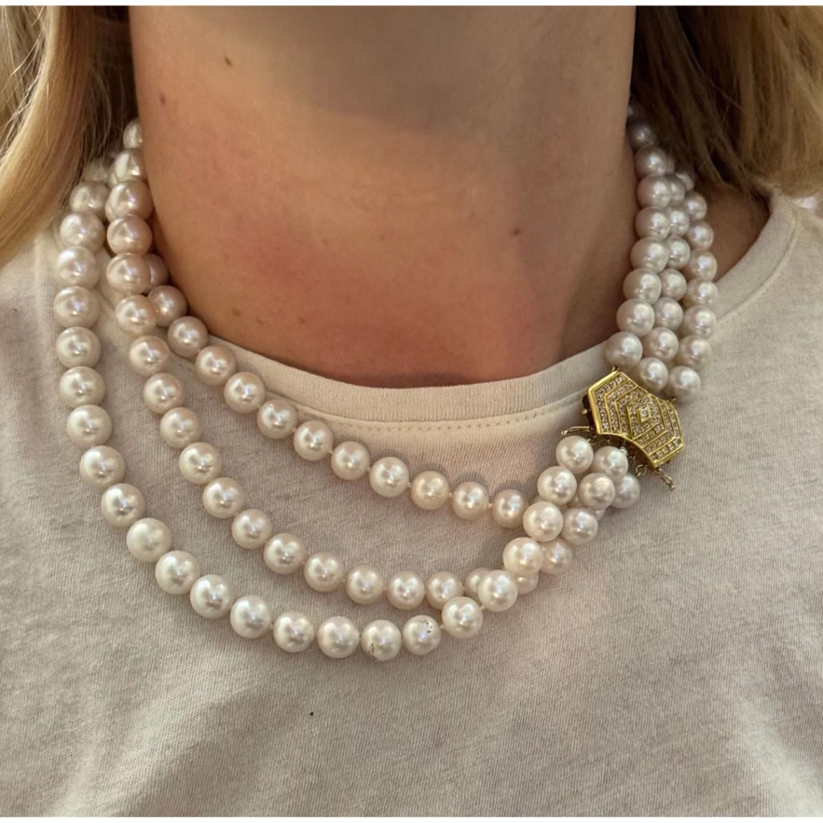 18k Gold Diamond Pearl Three Strand Necklace