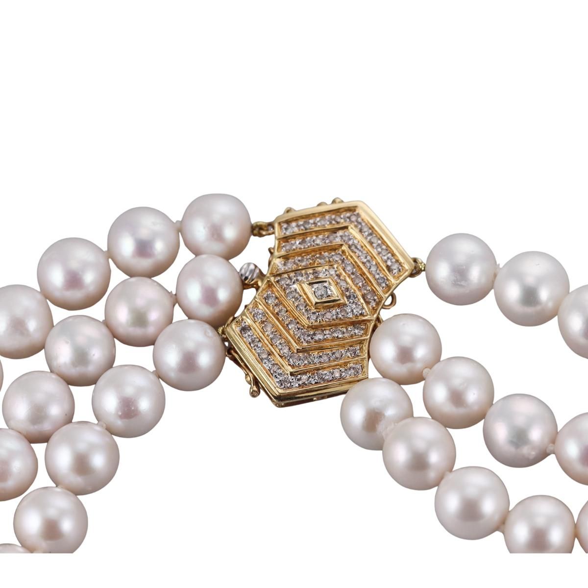 18k Gold Diamond Pearl Three Strand Necklace