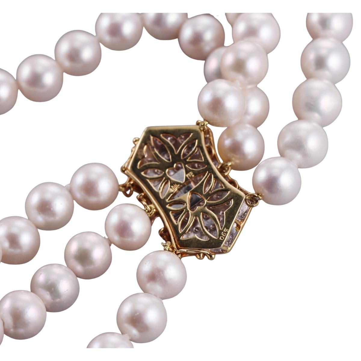 18k Gold Diamond Pearl Three Strand Necklace