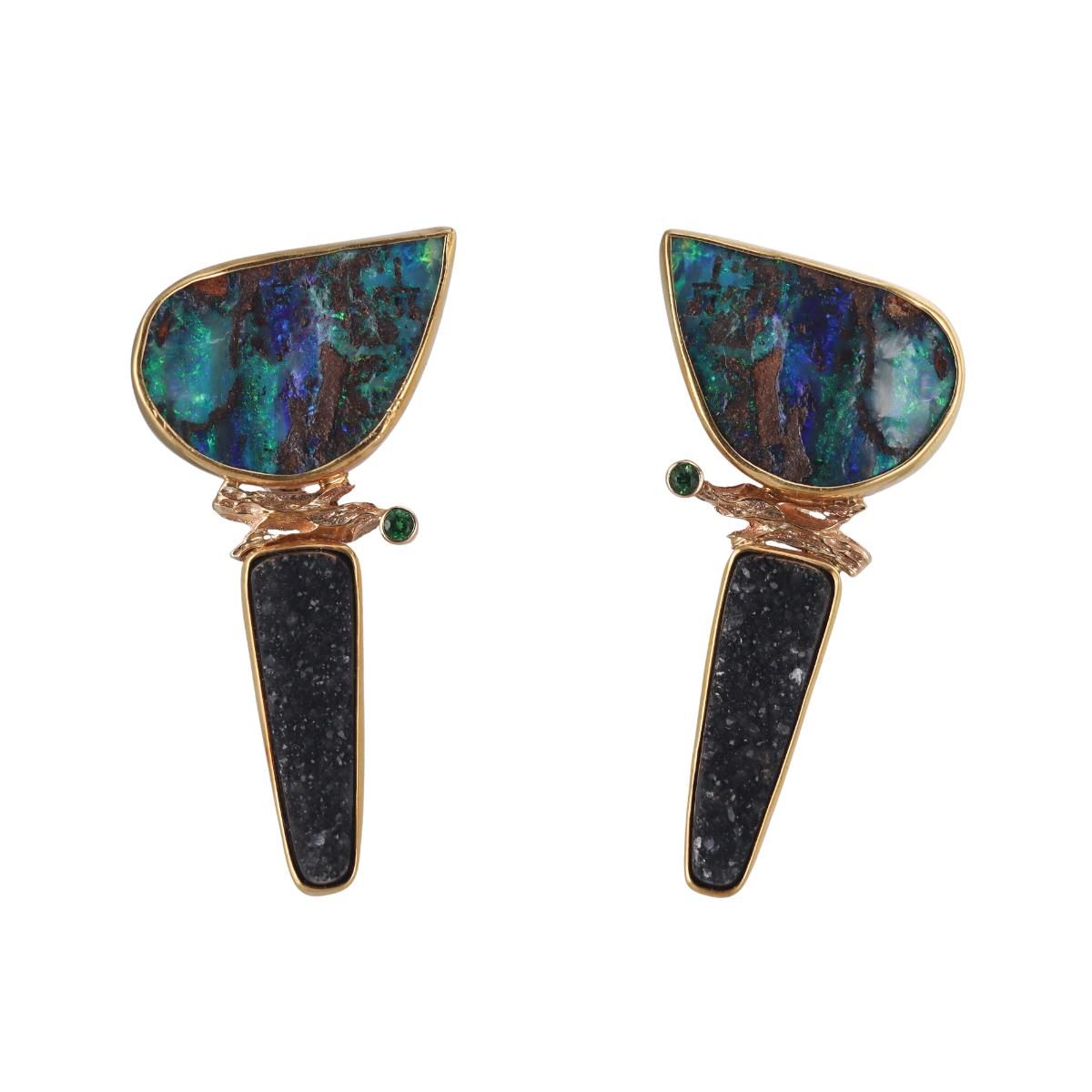 Artisanal 18k Gold Druzy Gemstone Opal Tsavorite Earrings