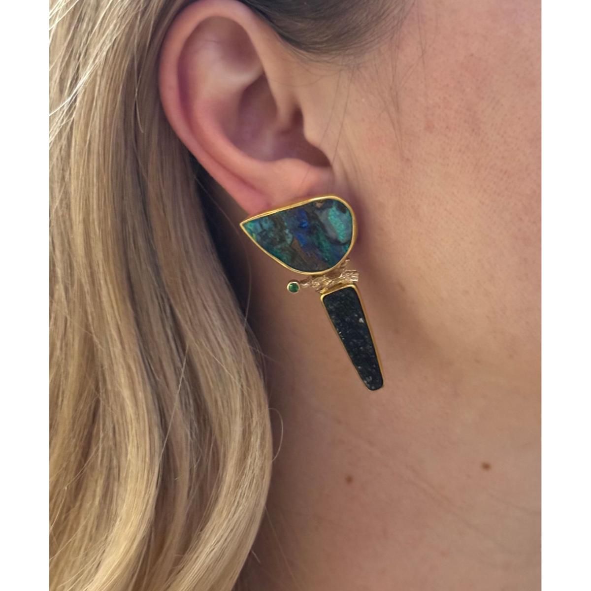 Artisanal 18k Gold Druzy Gemstone Opal Tsavorite Earrings