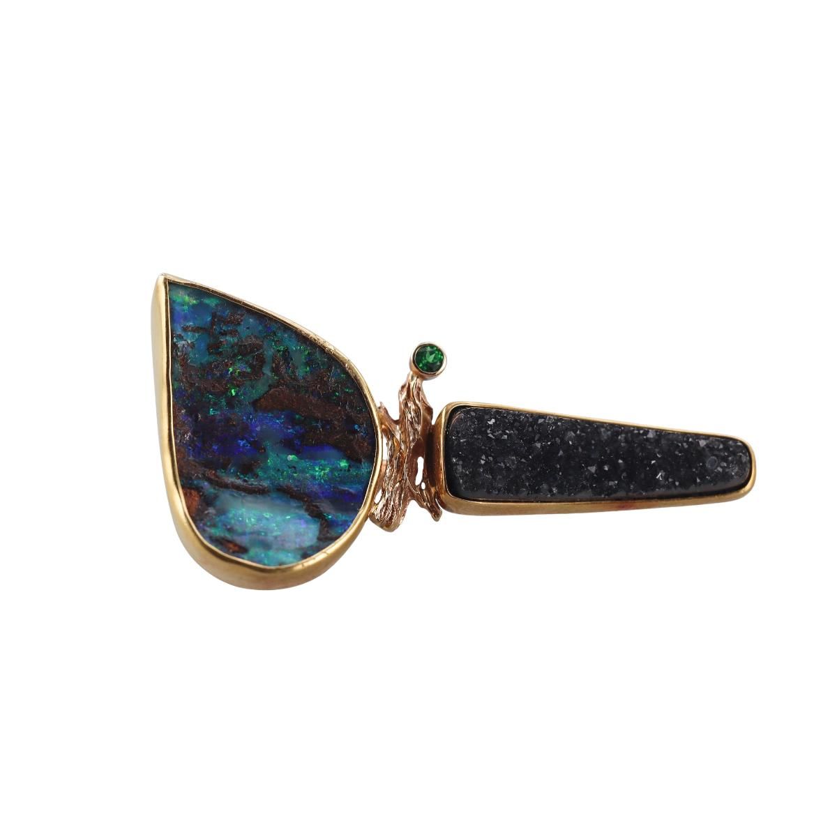 Artisanal 18k Gold Druzy Gemstone Opal Tsavorite Earrings