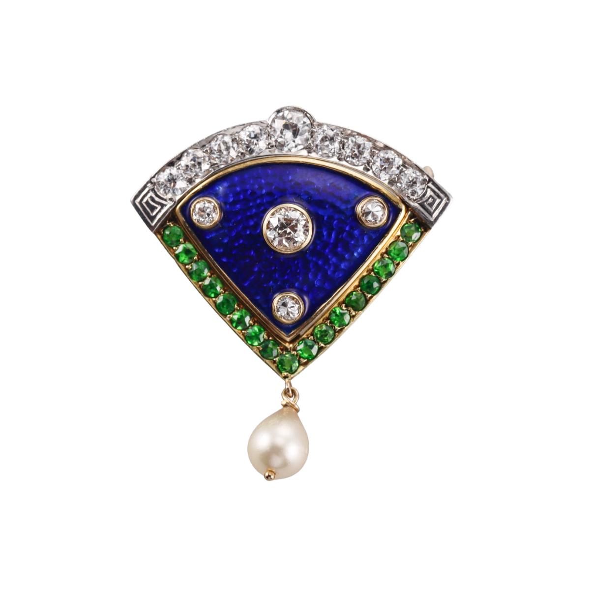 Art Deco 14k Gold Platinum Enamel Diamond Demantoid Garnet Pearl Brooch
