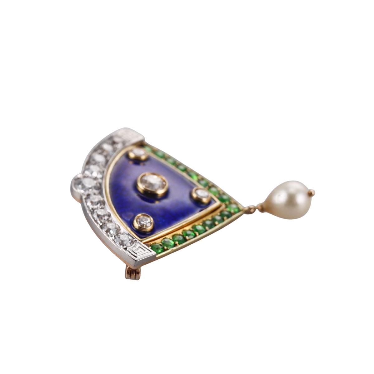Art Deco 14k Gold Platinum Enamel Diamond Demantoid Garnet Pearl Brooch