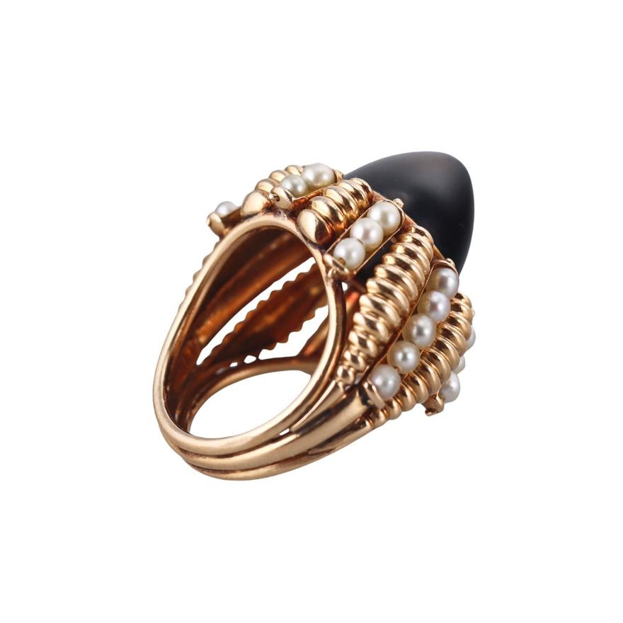 Retro Mid Century 18k Gold Onyx Pearl Dome Cocktail Ring