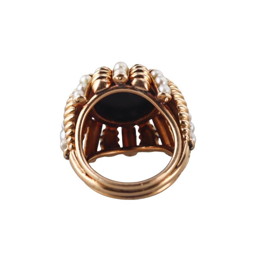 Retro Mid Century 18k Gold Onyx Pearl Dome Cocktail Ring