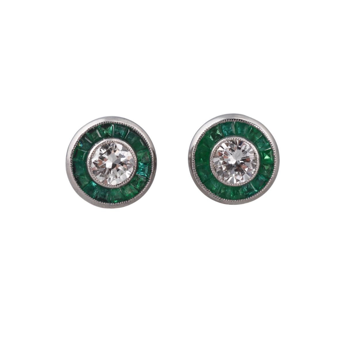 Platinum Diamond Emerald Stud Earrings