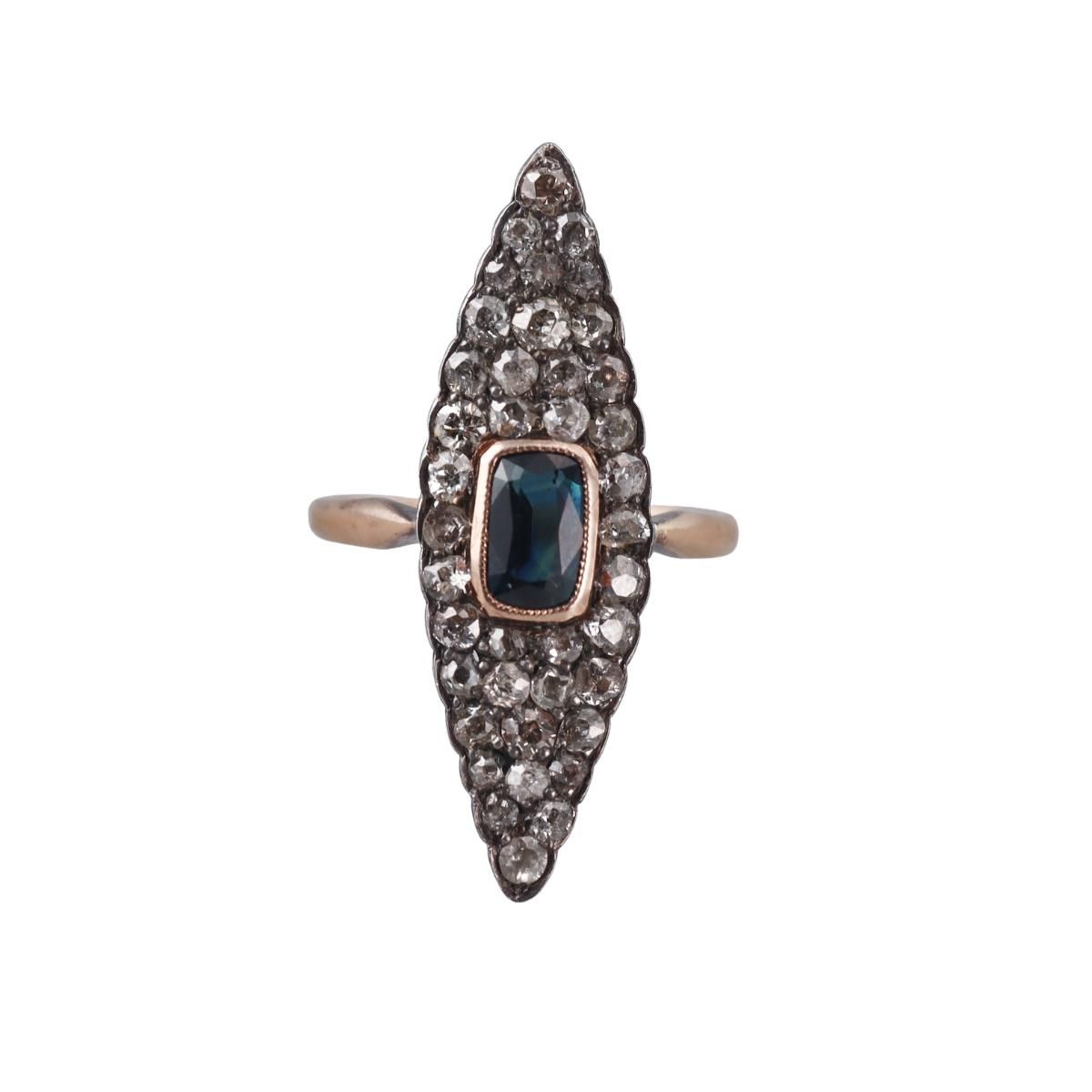 Antique 14k Gold Silver 2.25ctw Diamond Sapphire Navette Ring