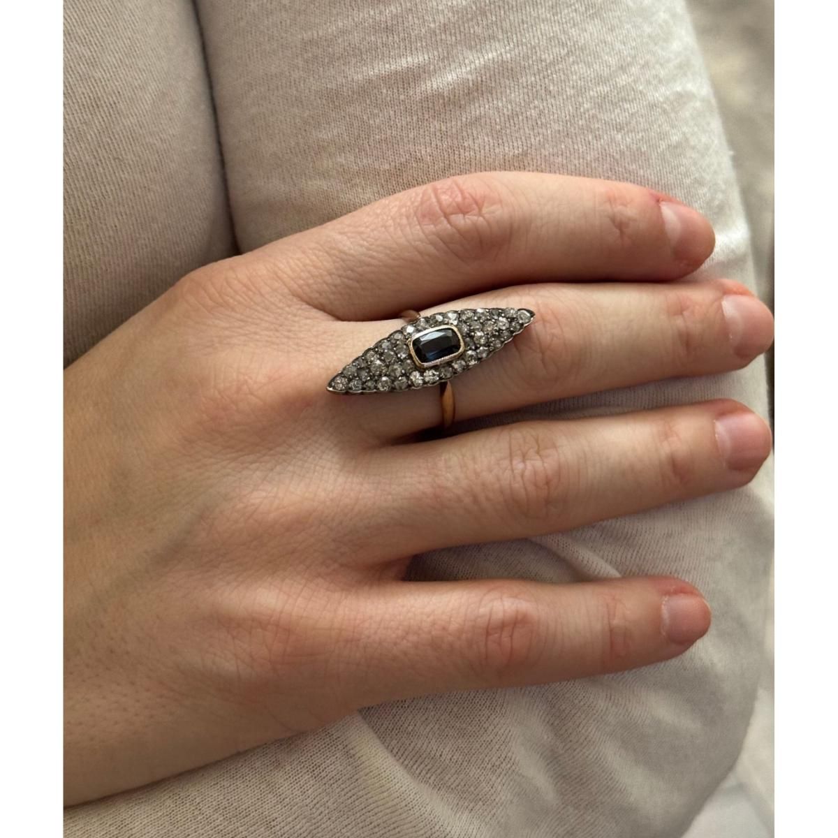 Antique 14k Gold Silver 2.25ctw Diamond Sapphire Navette Ring