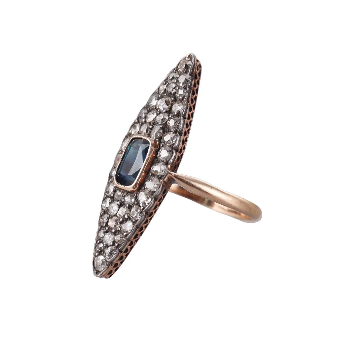 Antique 14k Gold Silver 2.25ctw Diamond Sapphire Navette Ring