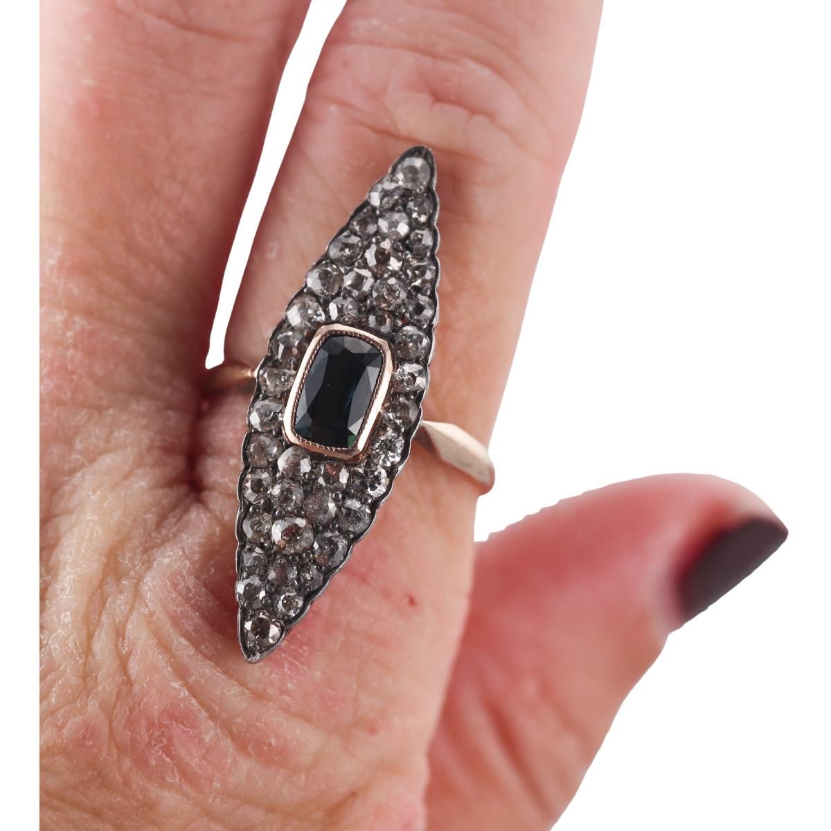 Antique 14k Gold Silver 2.25ctw Diamond Sapphire Navette Ring