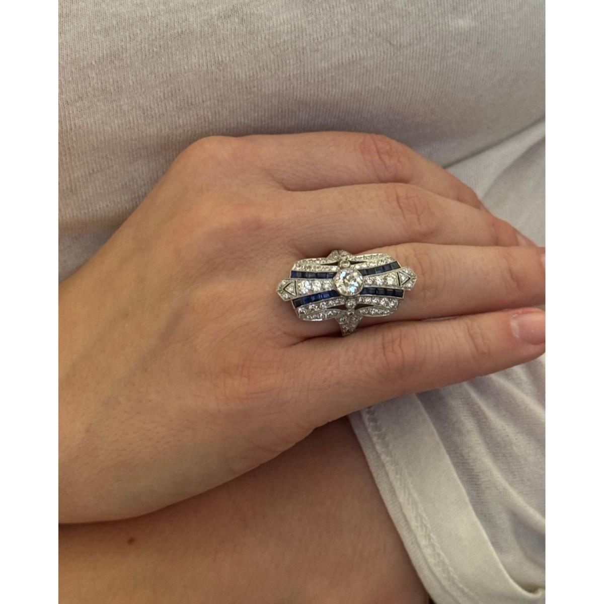 Platinum 2.41ctw Old European Diamond Sapphire Ring