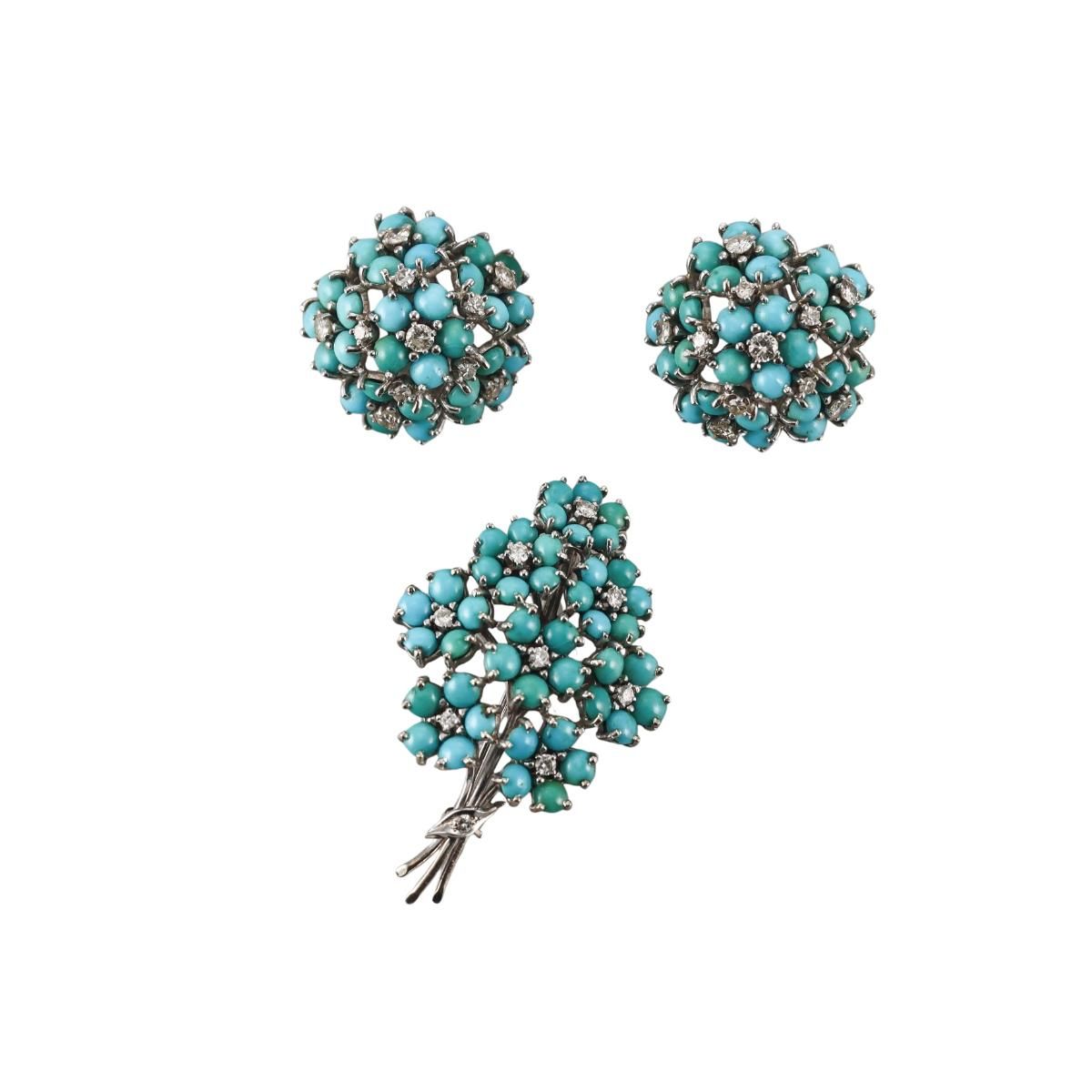 1960s 14k Gold Turquoise Diamond Earrings Brooch Set