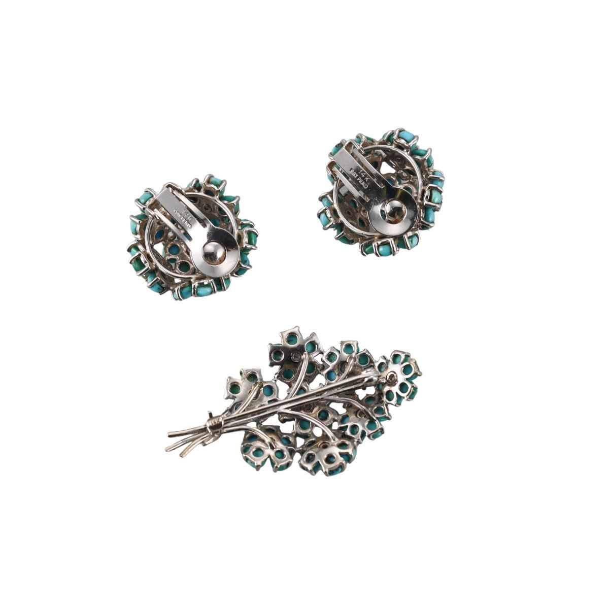 1960s 14k Gold Turquoise Diamond Earrings Brooch Set