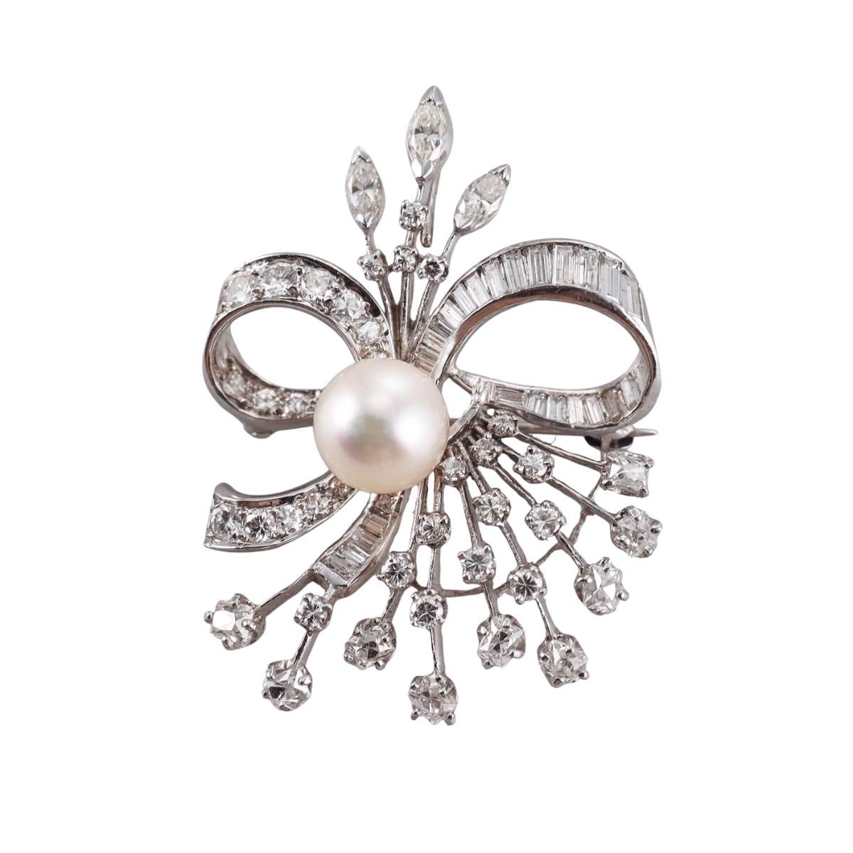 Mid Century Platinum Pearl Brooch Pin