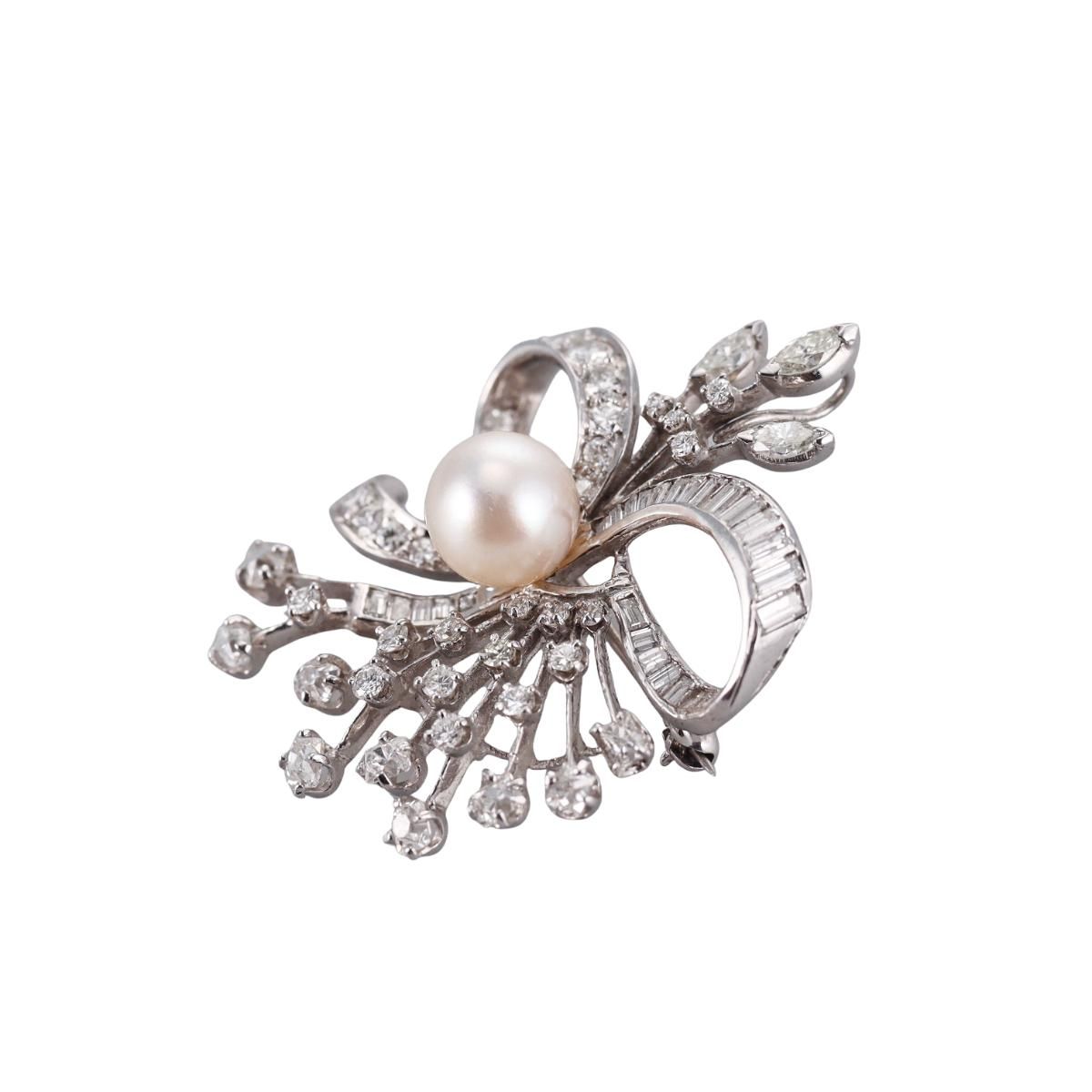 Mid Century Platinum Pearl Brooch Pin