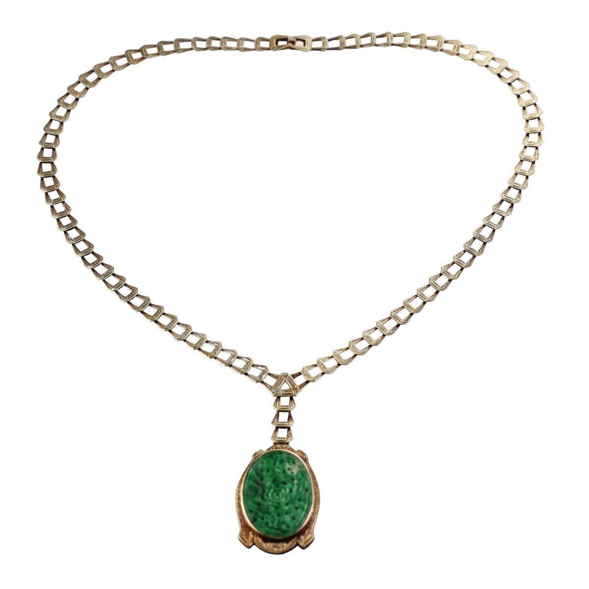 Art Deco Carved Jade 14k Gold Pendant Necklace