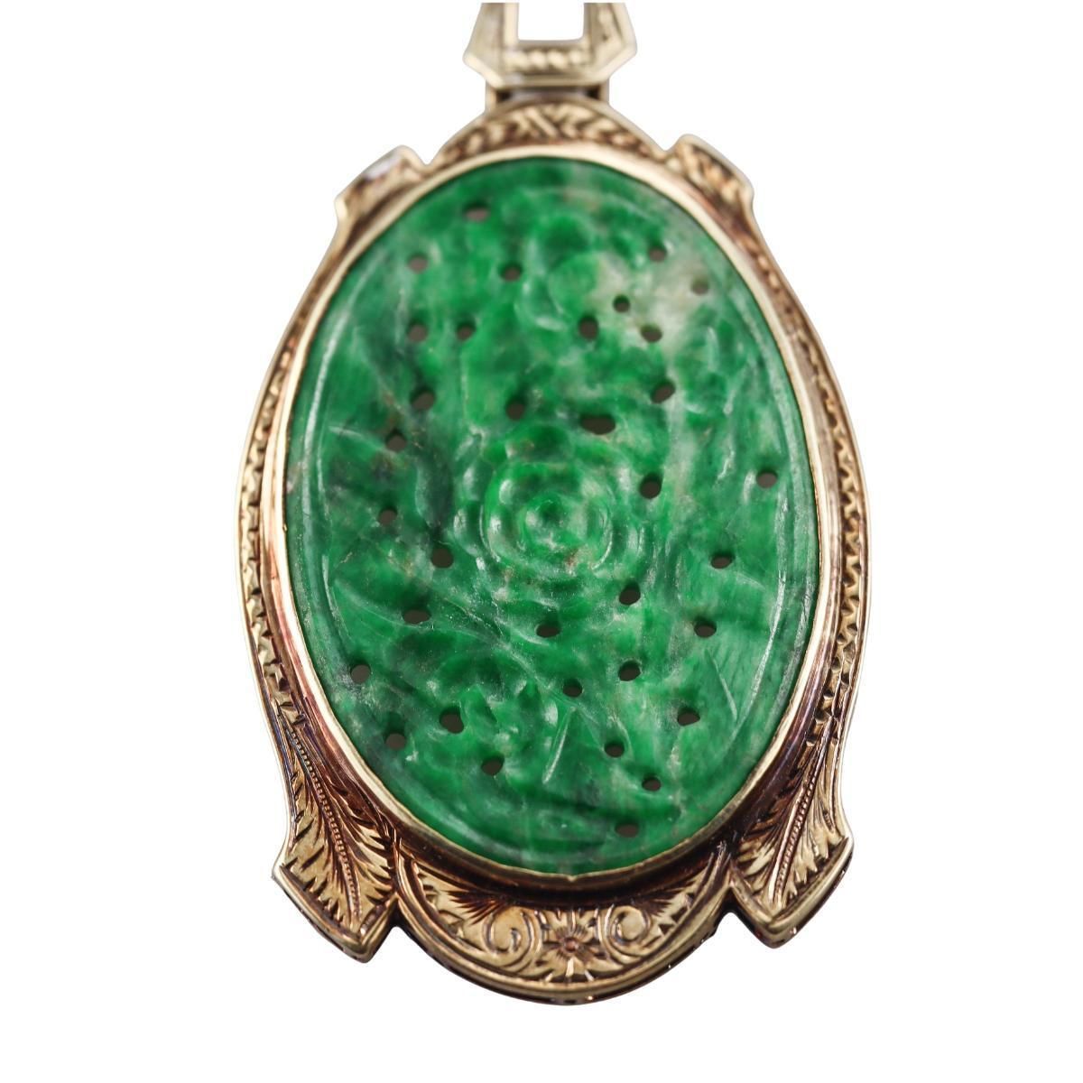 Art Deco Carved Jade 14k Gold Pendant Necklace