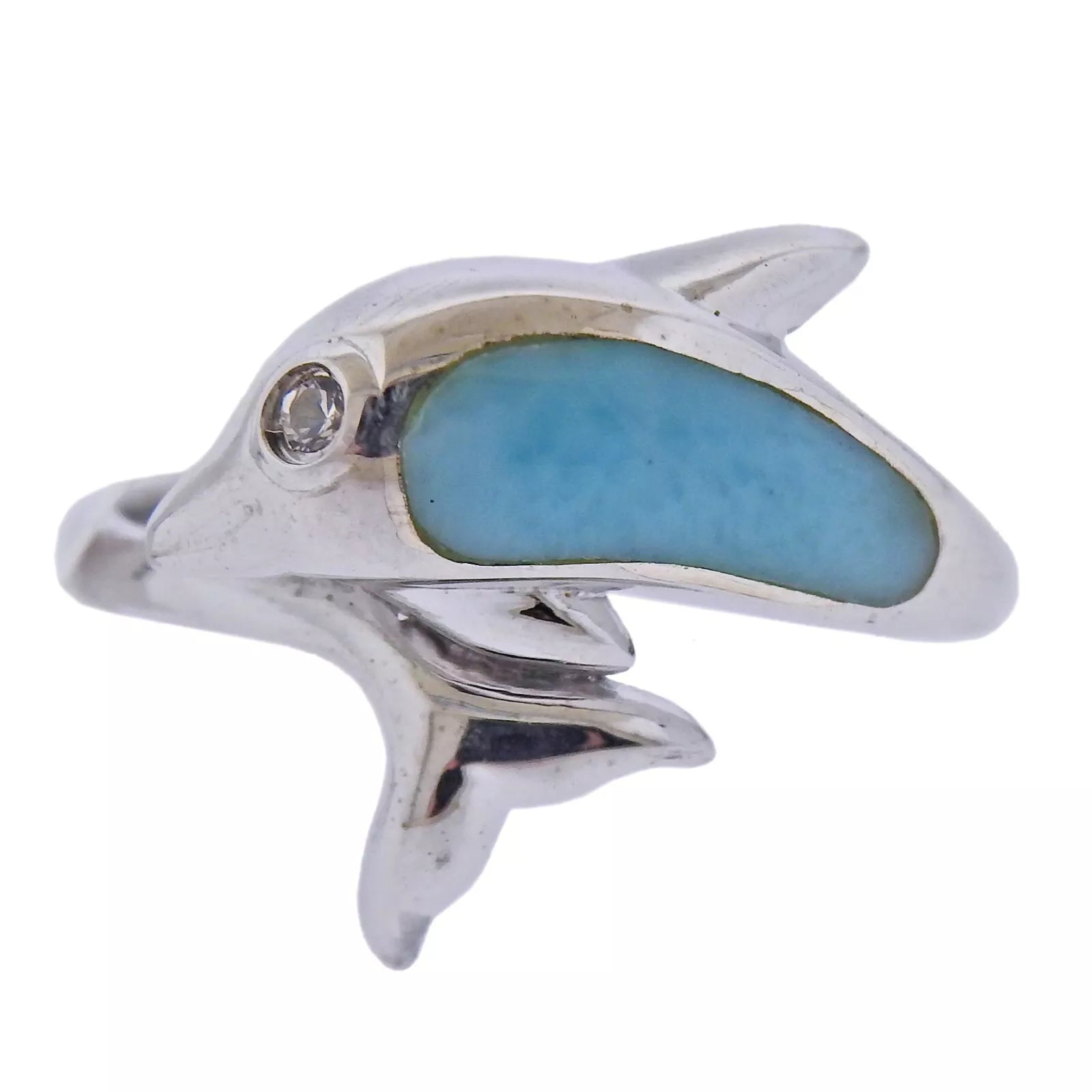 Marahlago Sterling Silver Larimar White Sapphire Dolphin Ring Retail $186 #47