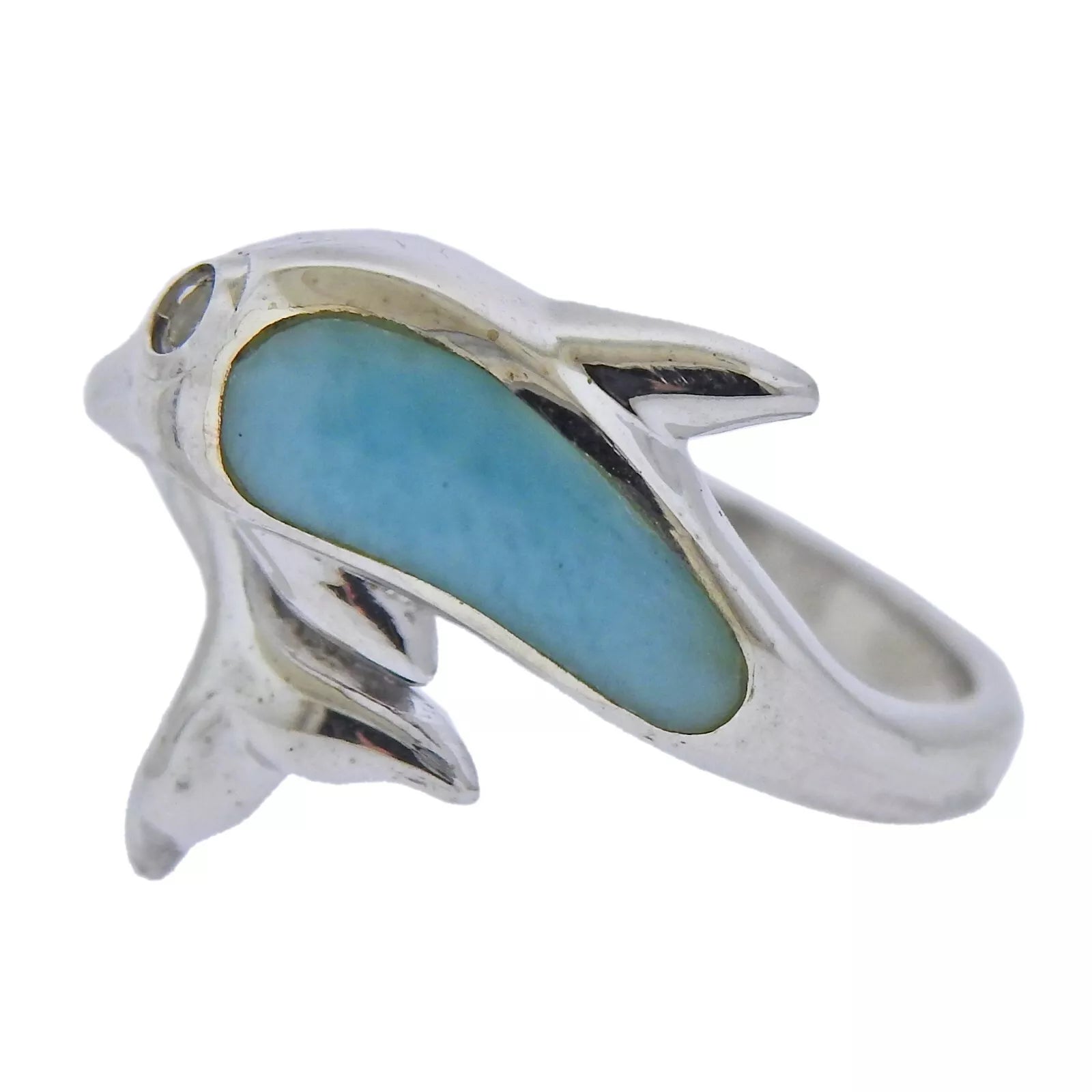 Marahlago Sterling Silver Larimar White Sapphire Dolphin Ring Retail $186 #47