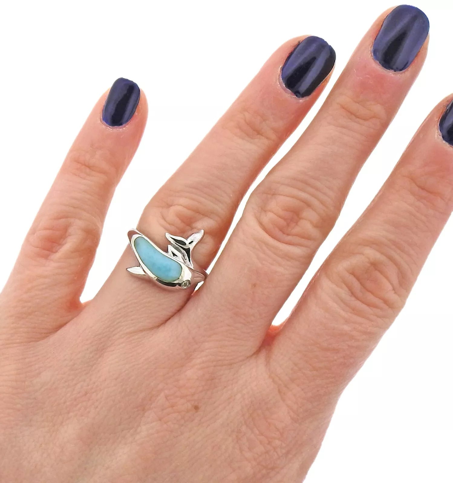 Marahlago Sterling Silver Larimar White Sapphire Dolphin Ring Retail $186 #47