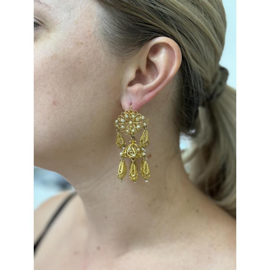 Antique Filigree 18k Gold Pearl Chandelier Earrings