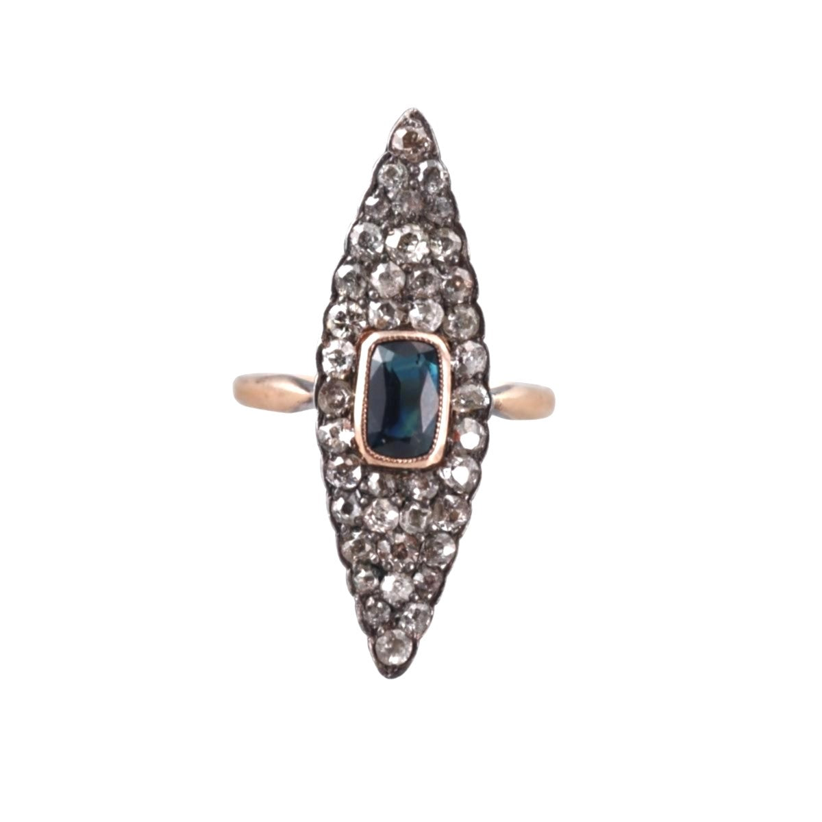 Antique 14k Gold Silver 2.25ctw Diamond Sapphire Navette Ring