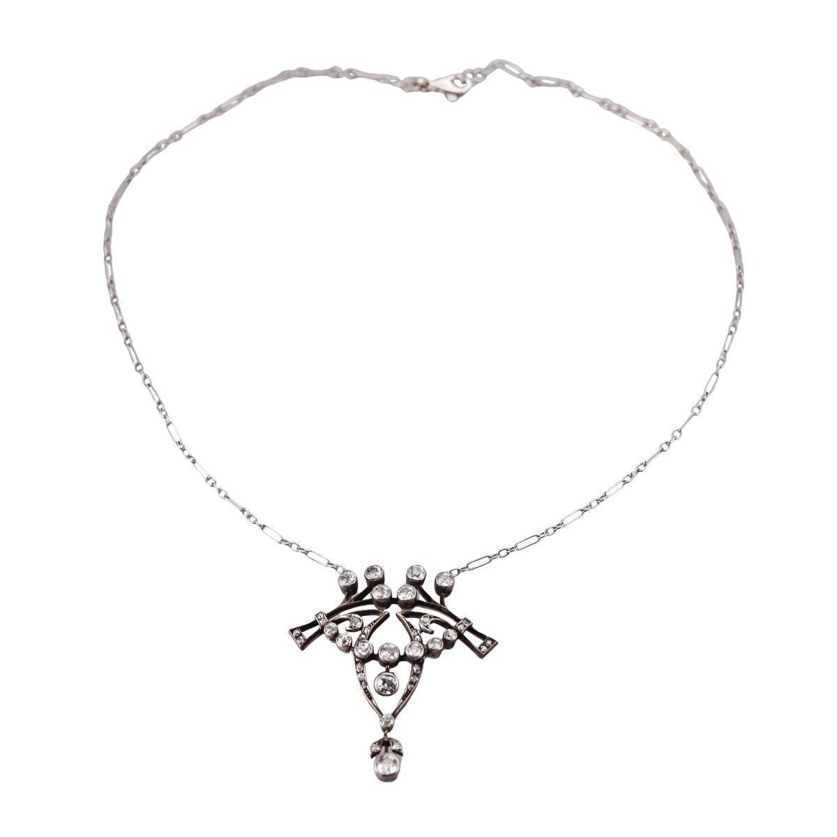 Antique Edwardian Gold Platinum 2.50ctw Diamond Lavalier Pendant Necklace