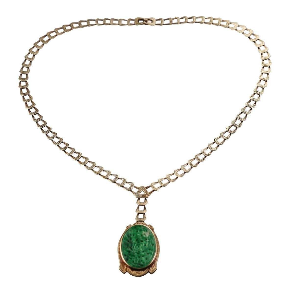 Art Deco Carved Jade 14k Gold Pendant Necklace