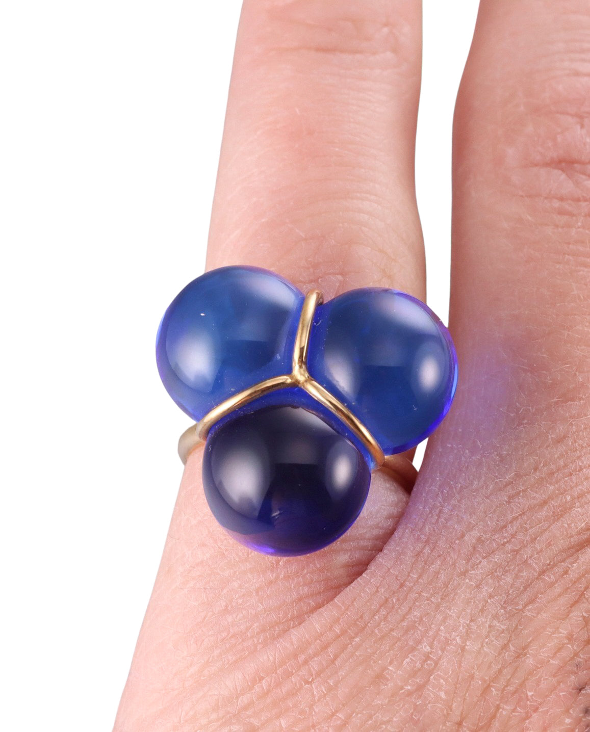Baccarat 18k Yellow Gold Blue Trio Ball Crystal Ring