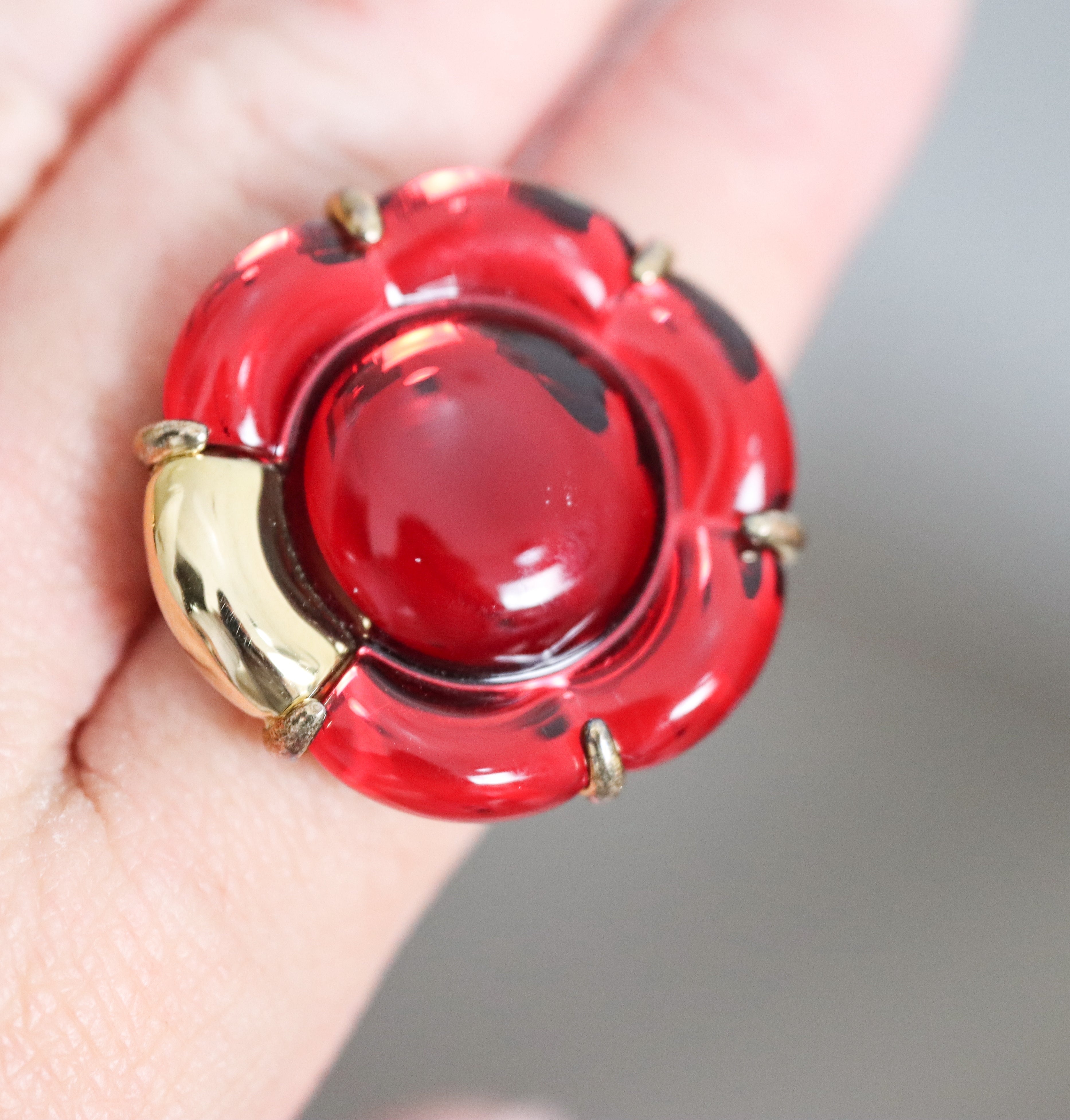 Baccarat Crystal B Flower 18k Gold Vermeil Sterling Silver Red Ring 2807663