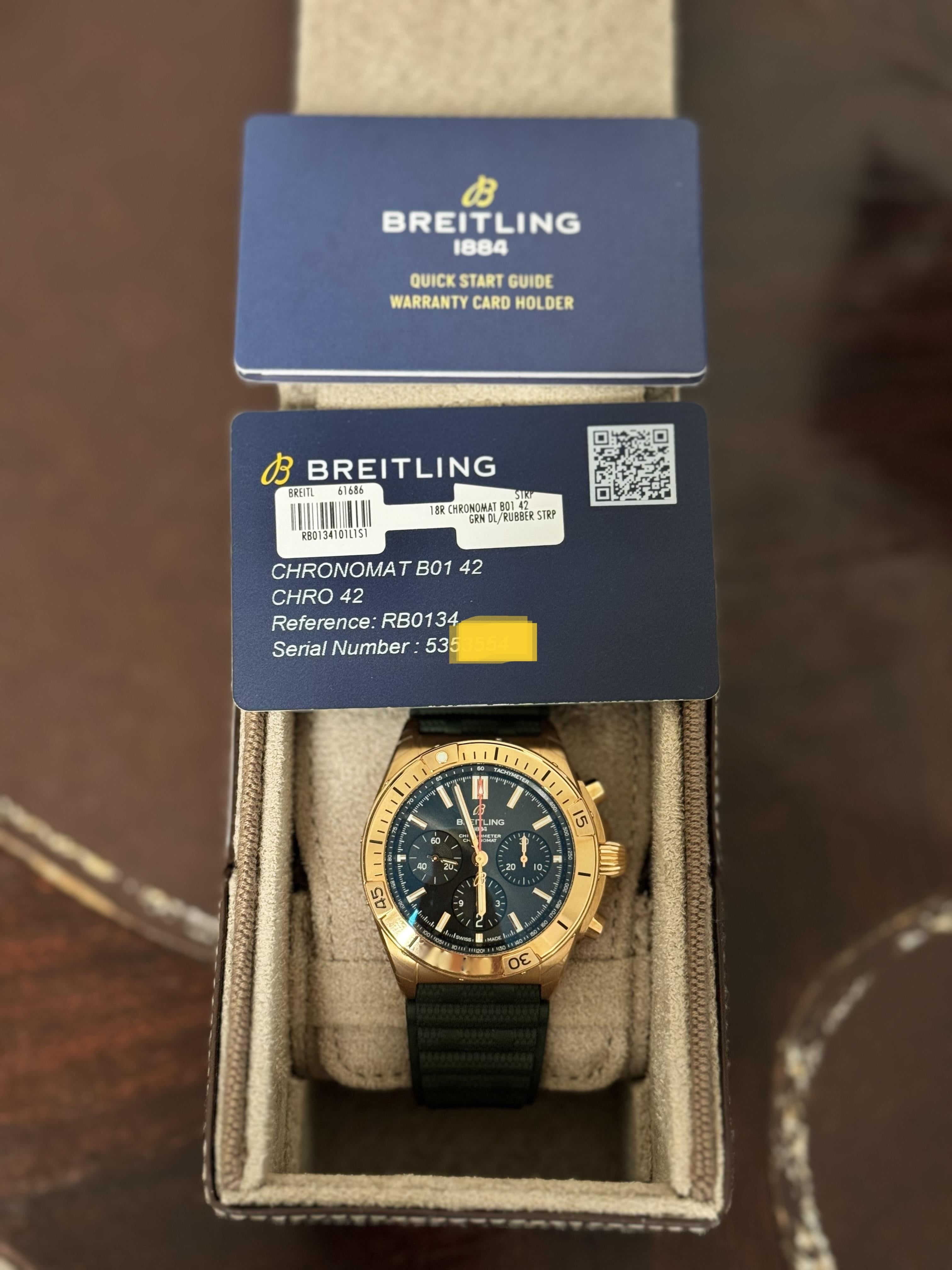 Breitling Chronomat B01 42mm Chronograph 18k Rose Gold Watch RB0134