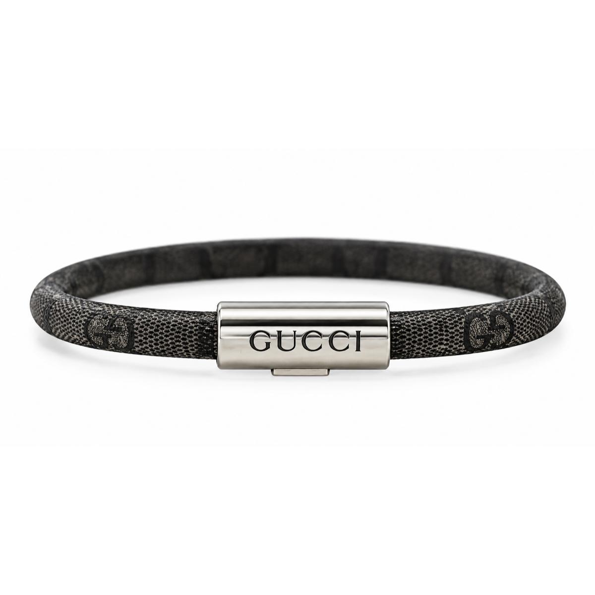 Gucci Trademark Sterling Silver Grey Canvas Bracelet Size 17
