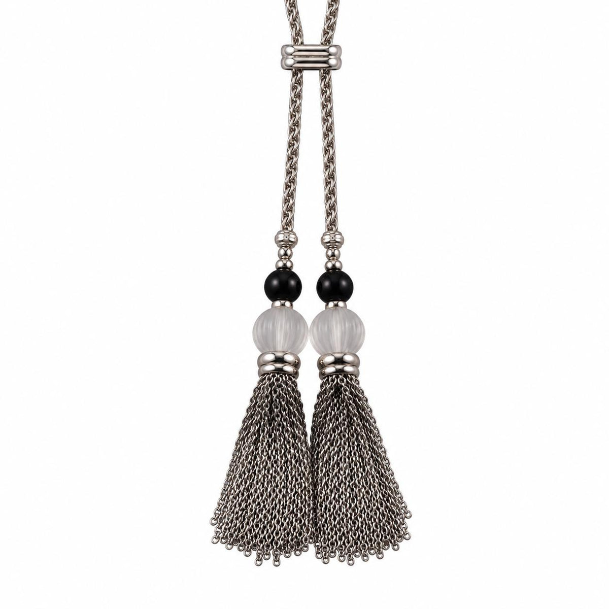 Lalique Vibrante Carved Crystal Onyx Sterling Tassel Lariat Necklace 10531200