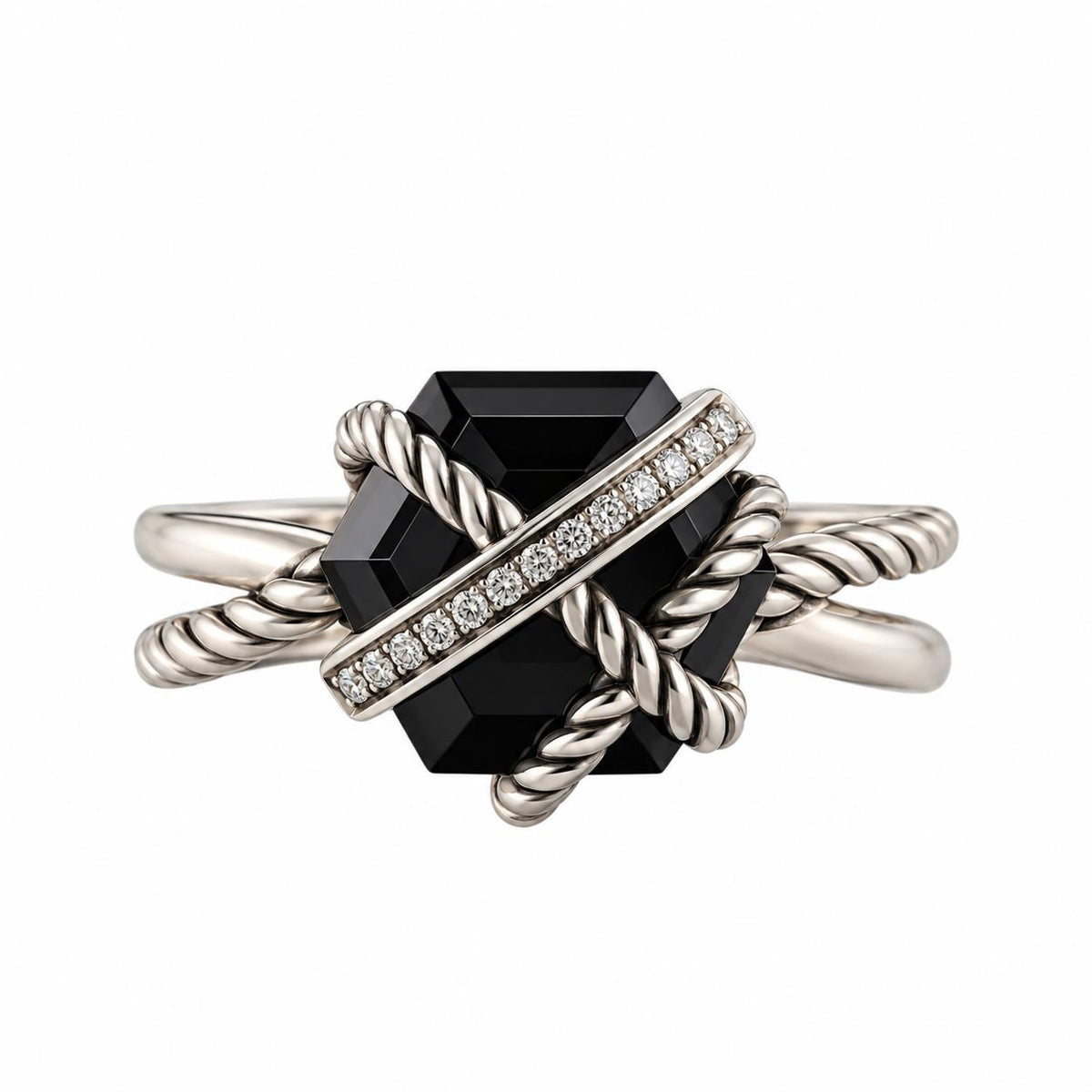 David Yurman Sterling Black Onyx Diamond Cable Wrap Ring