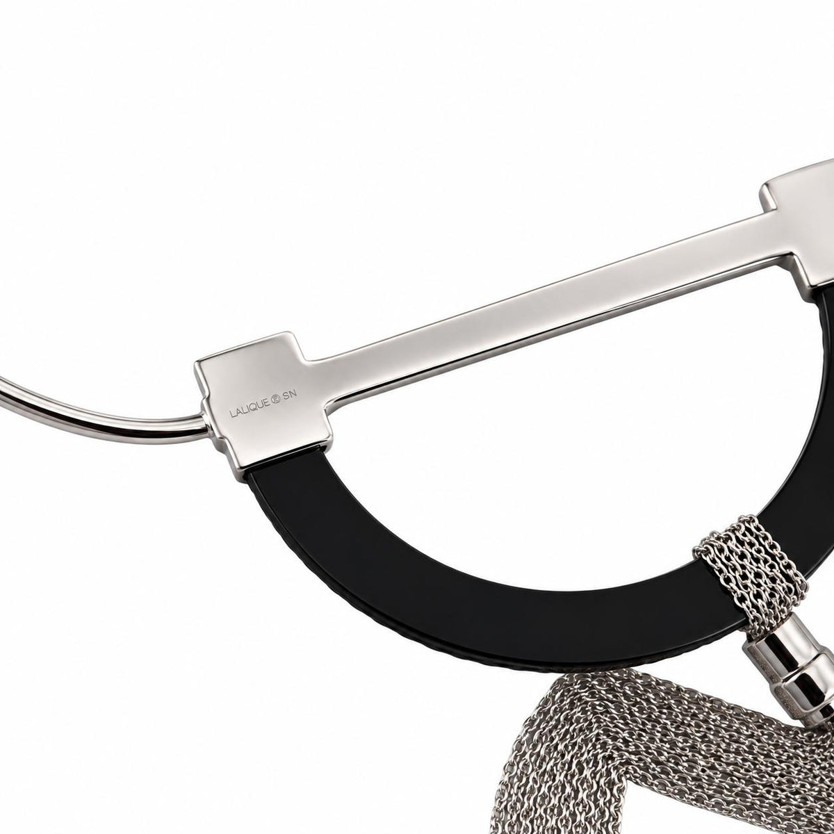 Lalique 1927 Black Crystal Silver Plated Tassel Choker Necklace 10652300