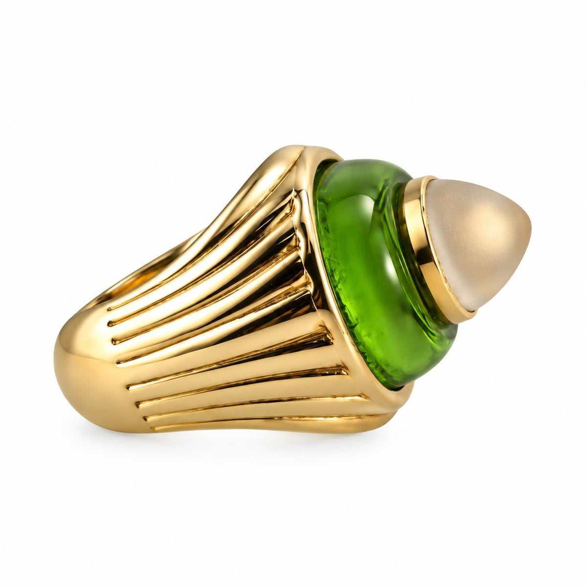 Lalique Charmante Green Crystal Clear Cabochon Sterling Vermeil Ring 10452800
