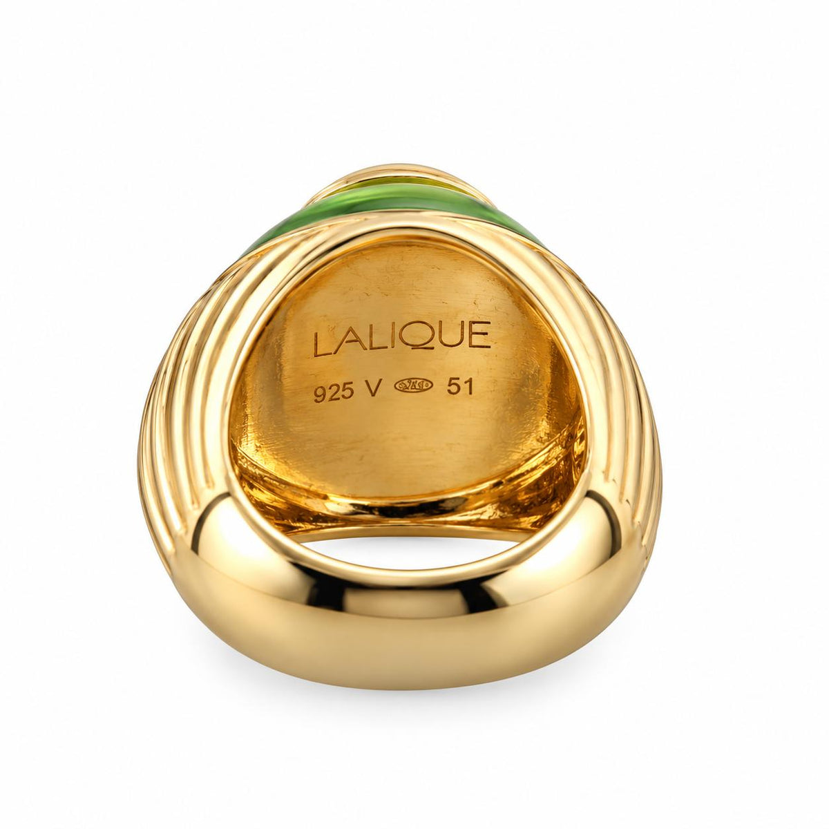 Lalique Charmante Green Crystal Clear Cabochon Sterling Vermeil Ring 10452800