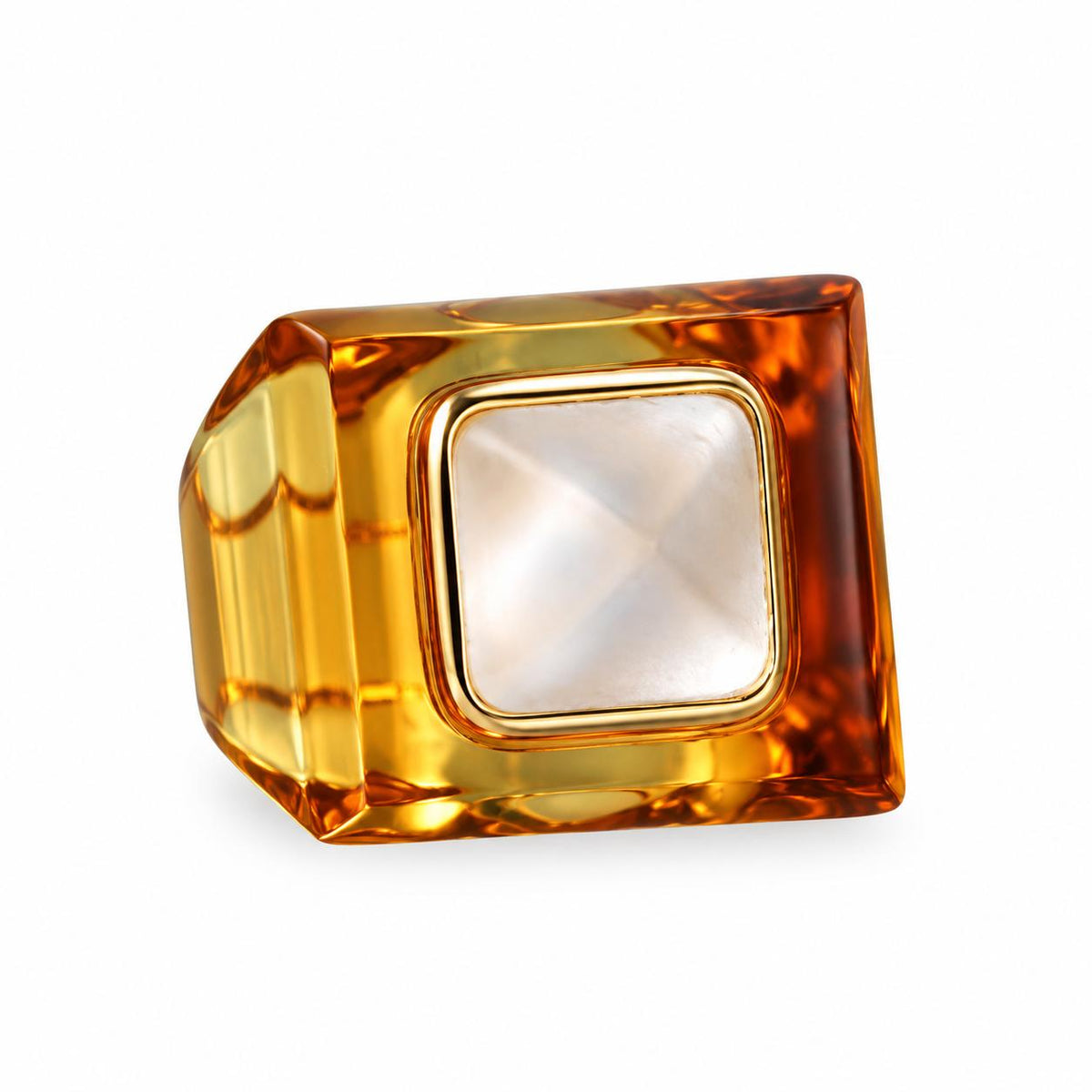 Lalique Charmante Amber Crystal Clear Cabochon Square Vermeil Ring 10524900