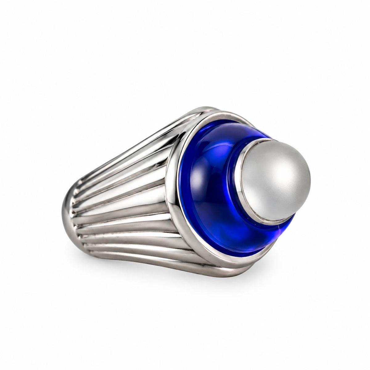 Lalique Charmante Blue Crystal Clear Cabochon Sterling Silver Ring 10453500