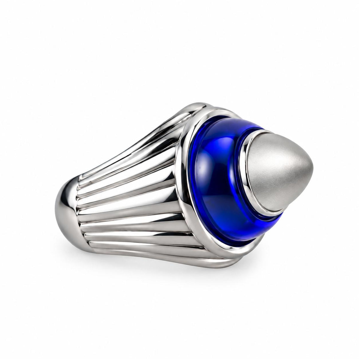 Lalique Charmante Blue Crystal Clear Cabochon Sterling Silver Ring 10453500