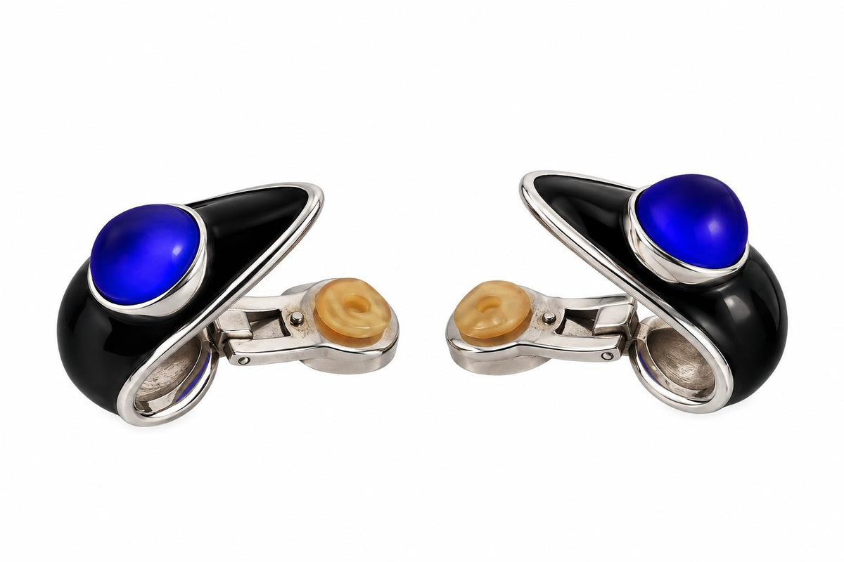 Lalique Charmante Blue Crystal Black Enamel Sterling Clip Earrings 10454000
