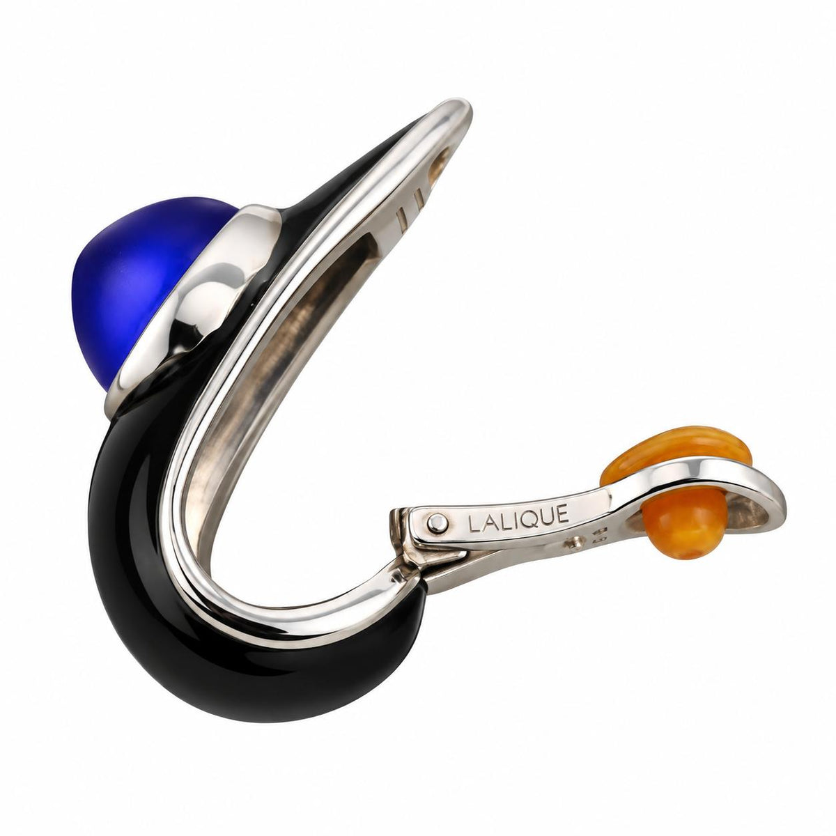 Lalique Charmante Blue Crystal Black Enamel Sterling Clip Earrings 10454000
