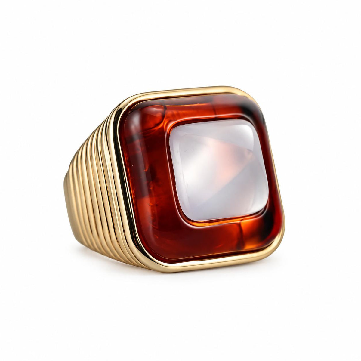 Lalique Charmante Amber Crystal Clear Cabochon Sterling Vermeil Ring 10525500